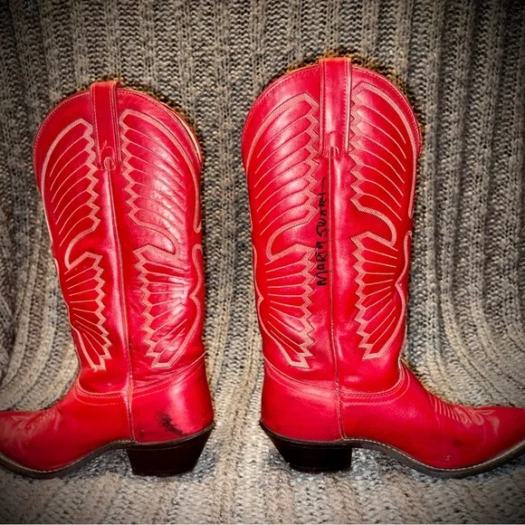 Vintage Red Leather TEXAS CowboyBoots S7, Signed by country legend Marty Stuart - Picture 2 of 13